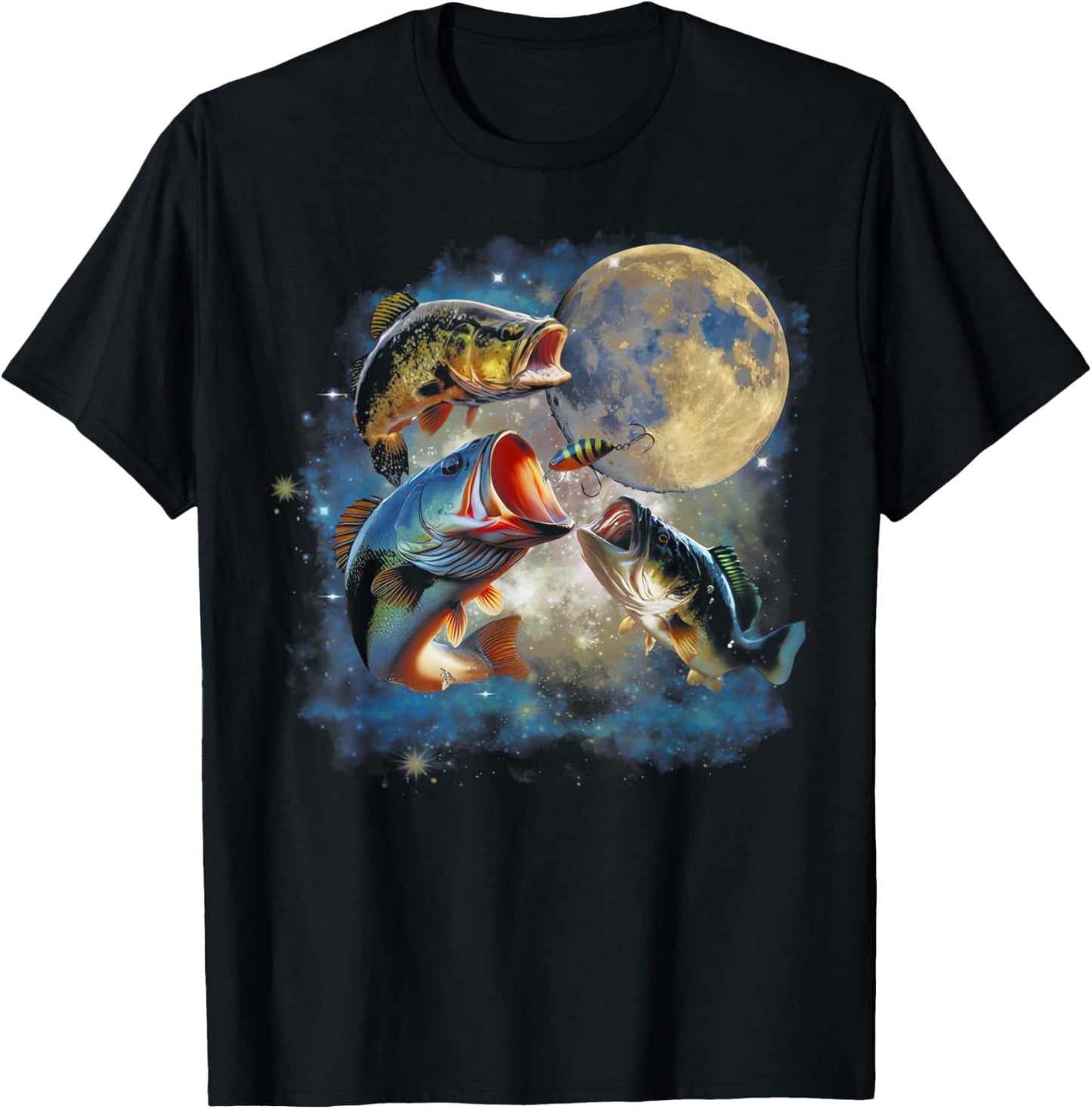 Vintage 90s Largemouth Bass Moon Retro Fisherman Fishing T-Shirt - T-Shirt | Black