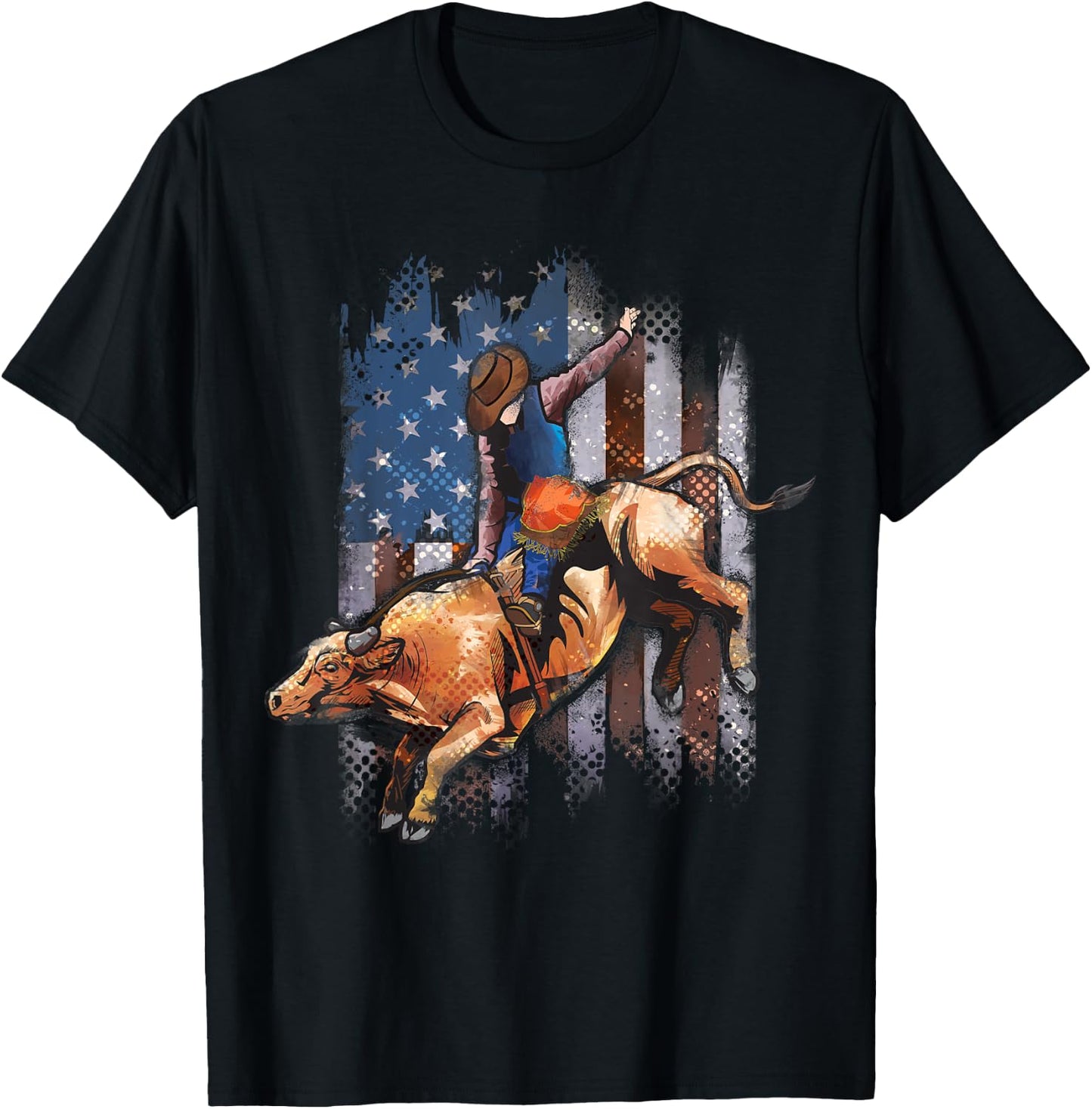 Rodeo Bull Riding American Flag Shirt Cowboy Bull Rider T-Shirt - T-Shirt | Black