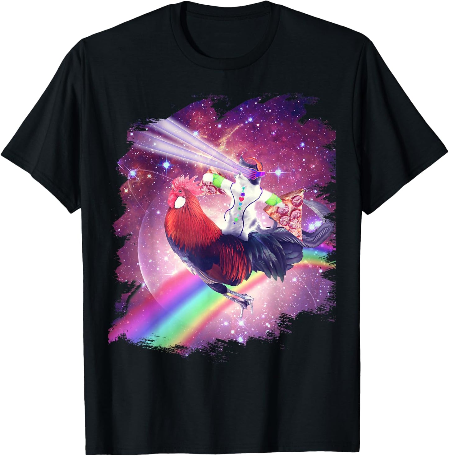 Lazer Rave Space Cat Riding Chicken With Pizza T-Shirt - T-Shirt | Black
