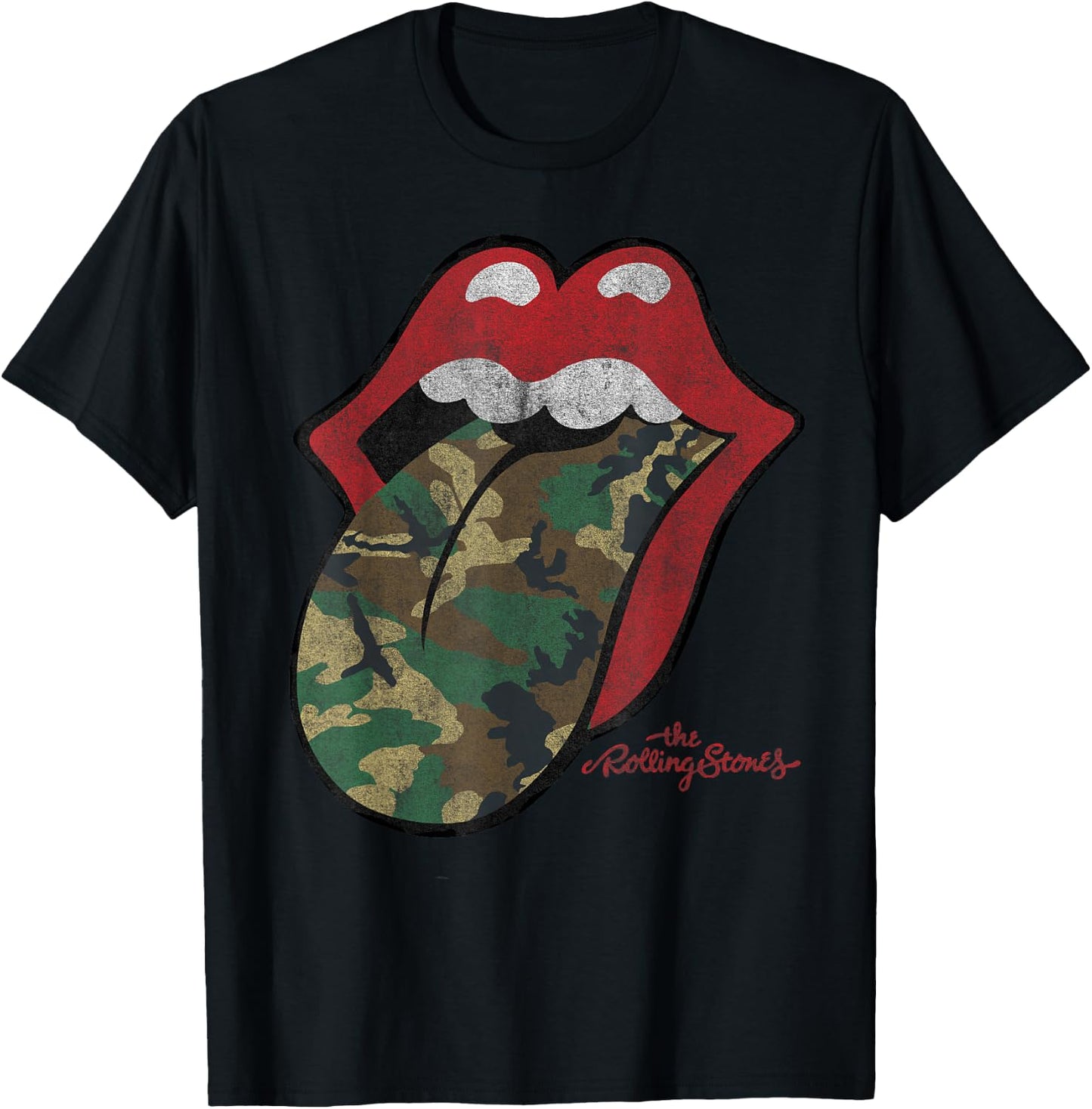 Official Rolling Stones Distressed Camo Tongue T-Shirt - T-Shirt | Black