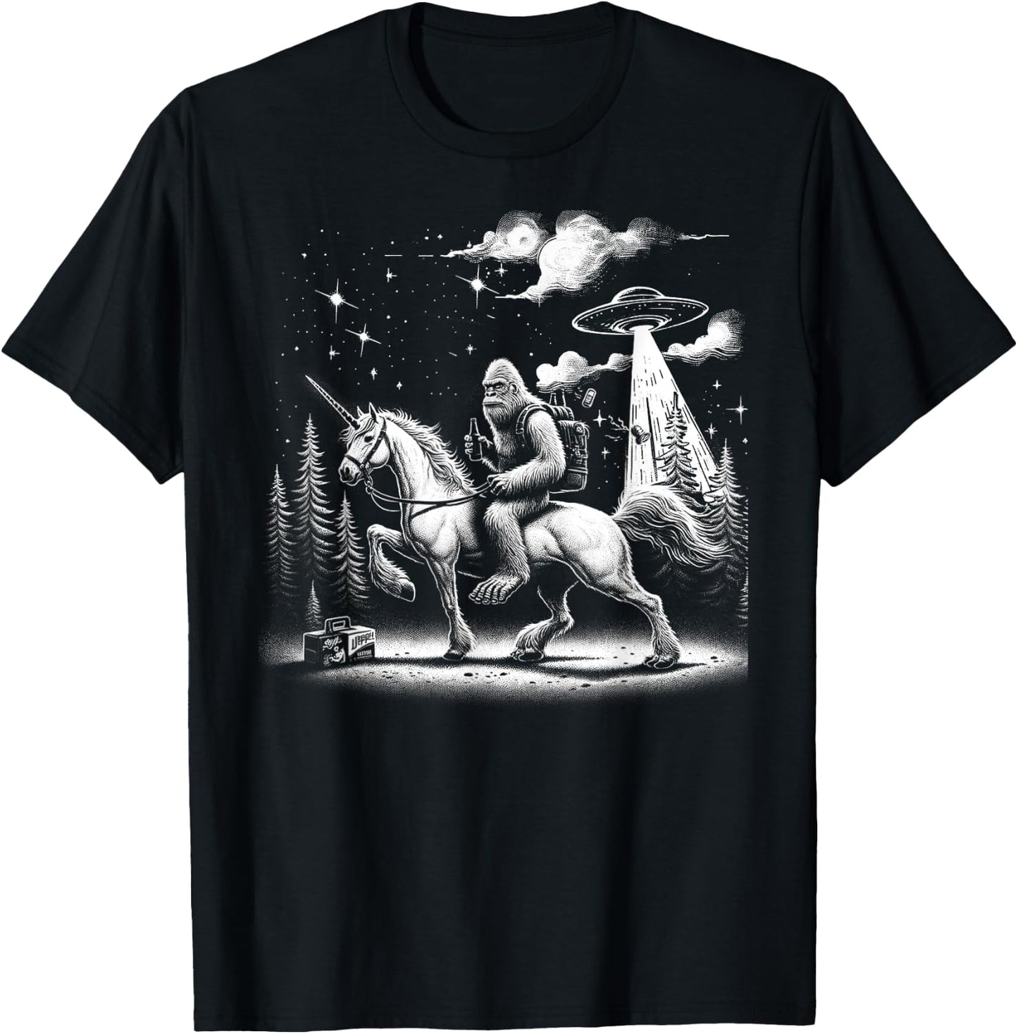 Bigfoot Riding a Unicorn, Full Moon and a UFO Alien T-Shirt - T-Shirt | Black