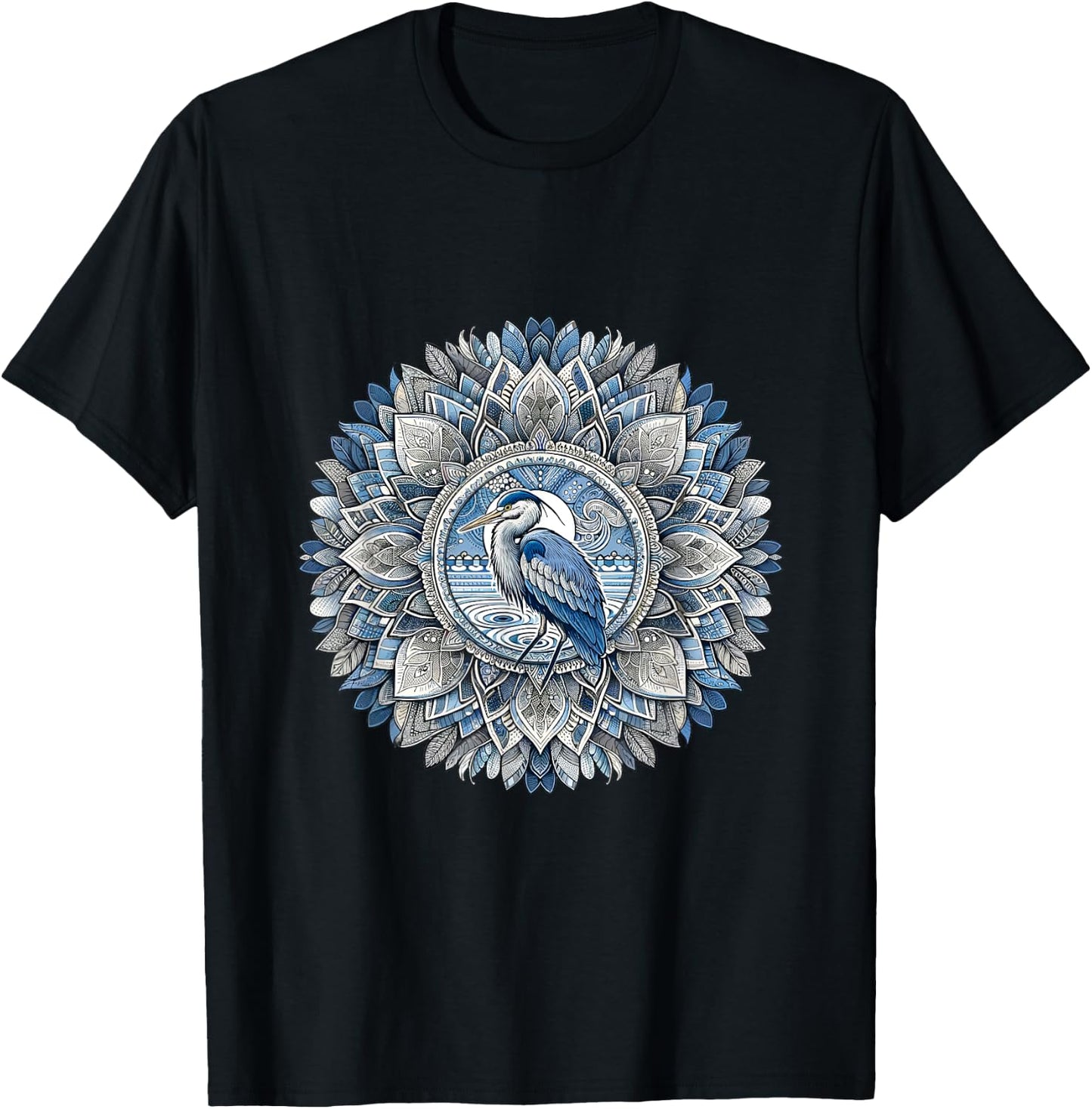 Great Blue Heron Mandala - Bird Lovers Design T-Shirt - T-Shirt | Black