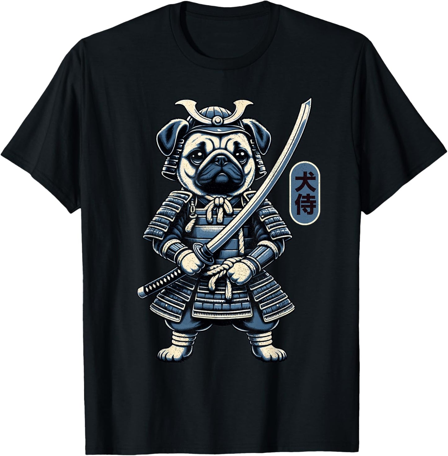 Japanese Samurai Dog Tattoo, Pug Dog Kawaii Ninja Men Women Girls Kids T-Shirt - T-Shirt | Black