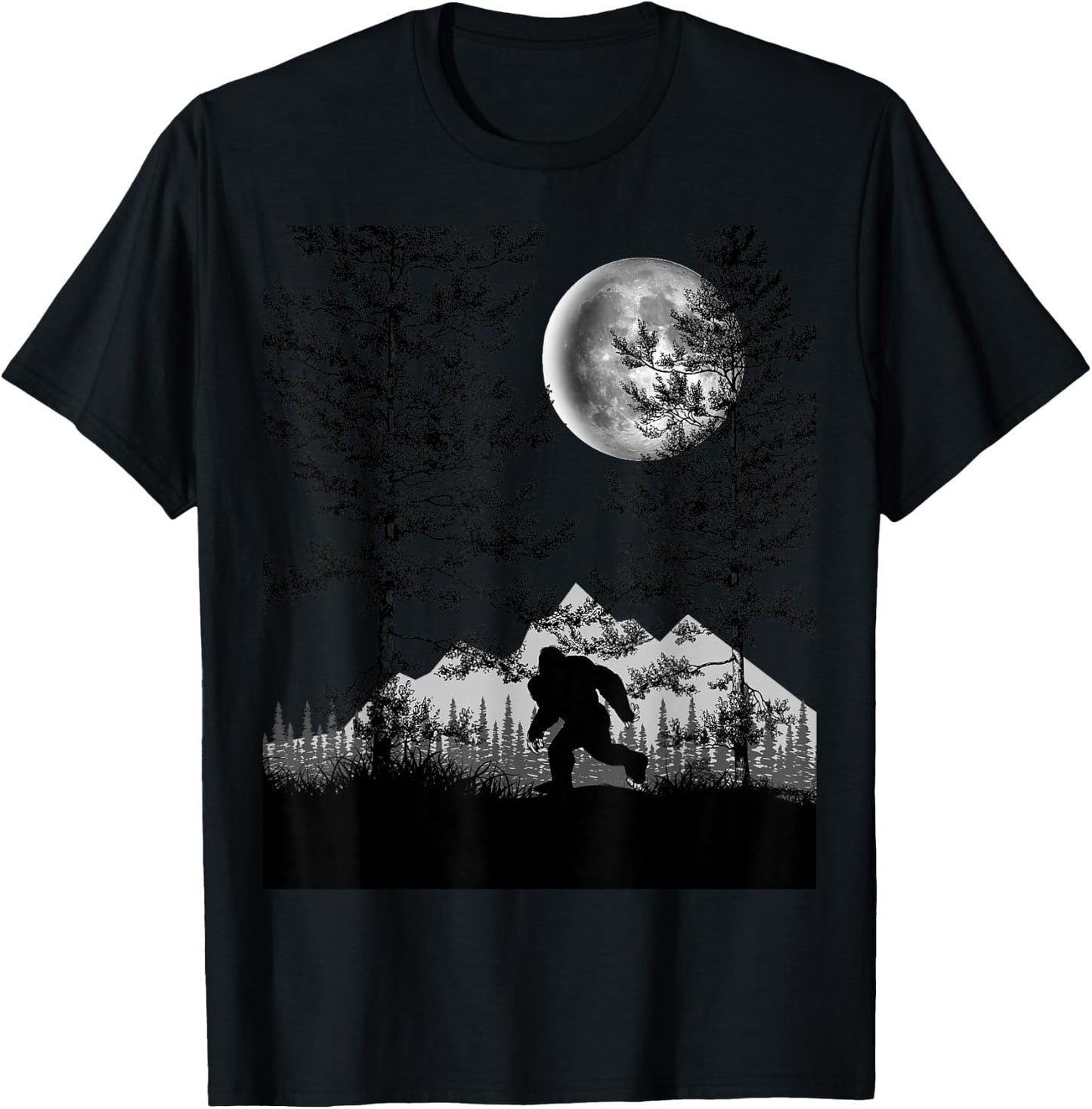 Bigfoot Walking in the Forest Moon Night Sky Sasquatch T-Shirt - T-Shirt | Black
