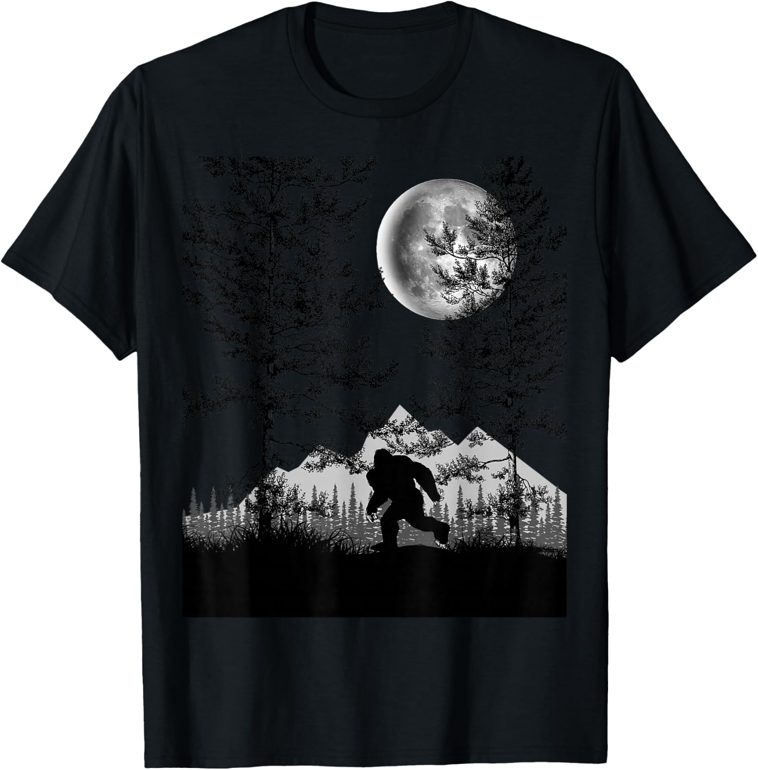 Bigfoot Walking in the Forest Moon Night Sky Sasquatch T-Shirt - T-Shirt | Black