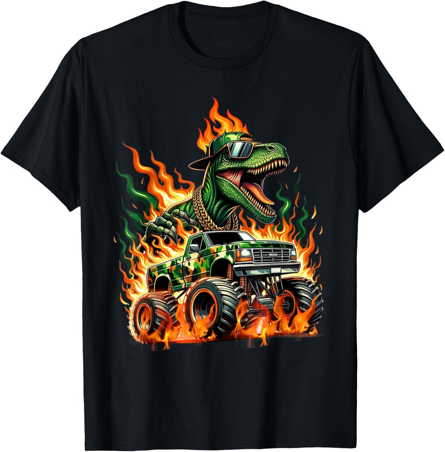Velociraptor Dinosaur Monster Truck Kids Truck Design Dino T-Shirt - T-Shirt | Black
