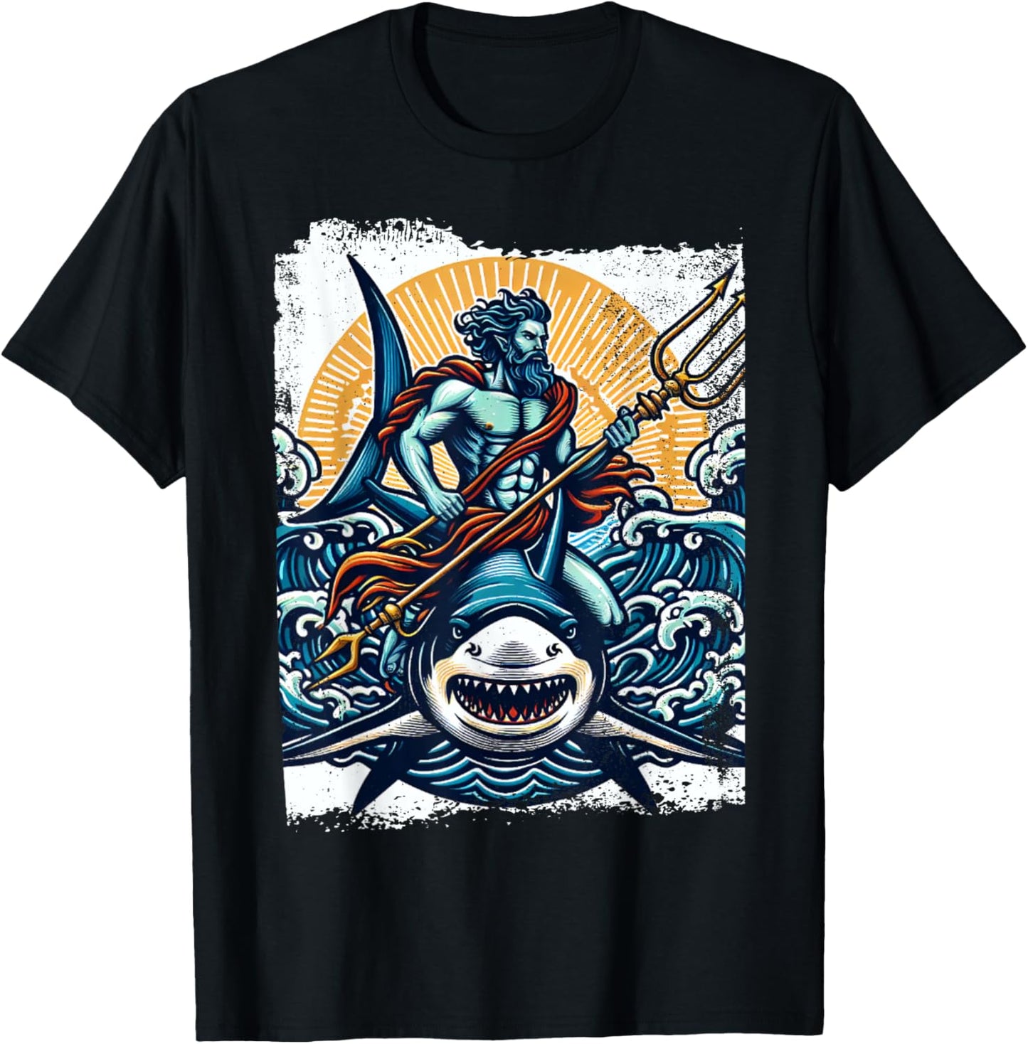 Poseidon Riding Shark Trident Costume Ancient Greek God T-Shirt - T-Shirt | Black