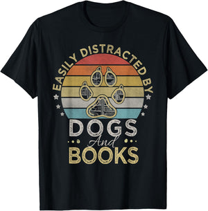 Easily Distracted By Dogs And Books Retro Vintage dogs lover T-Shirt - T-Shirt | Black