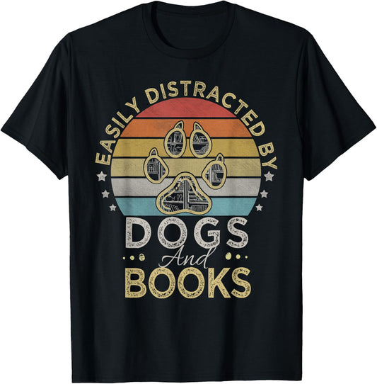 Easily Distracted By Dogs And Books Retro Vintage dogs lover T-Shirt - T-Shirt | Black