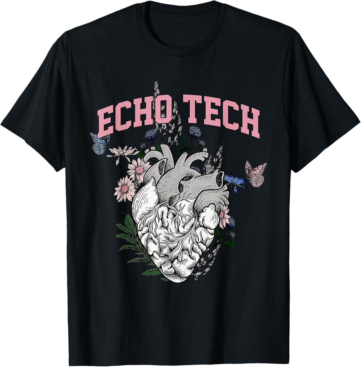 Anatomical Heart Floral Echo Tech Cardiac Sonographer T-Shirt - T-Shirt | Black