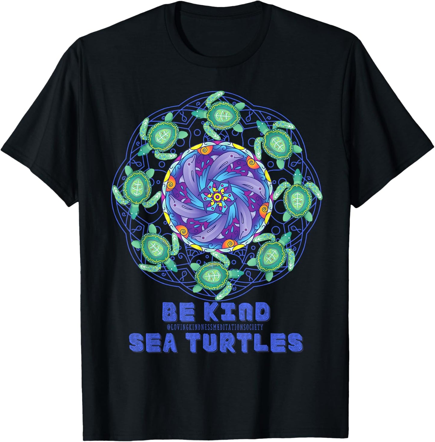 Sea Turtle Dolphins Mandala Ocean Surf Beach Loving Kindness T-Shirt - T-Shirt | Black