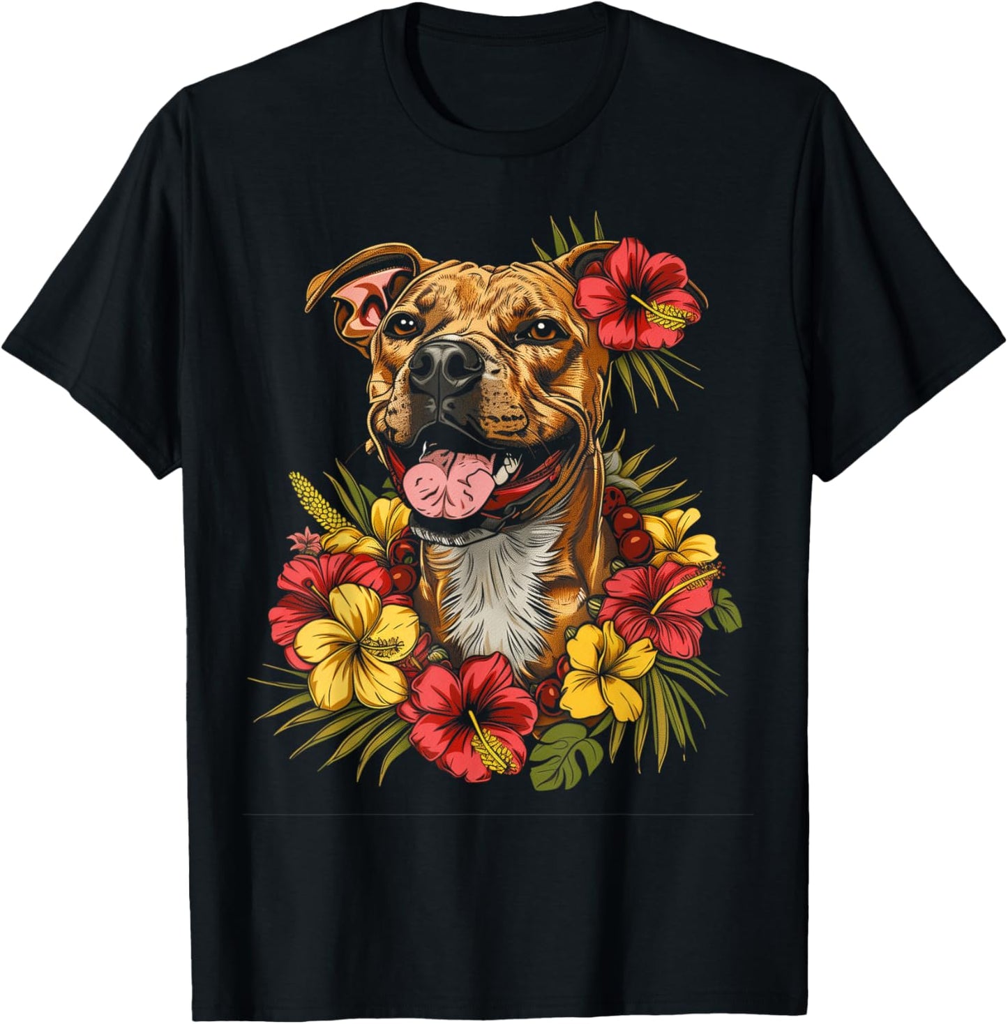 Pitbull Hawaiian Flowers Hibiscus Hula Hawaii Dog T-Shirt - T-Shirt | Black