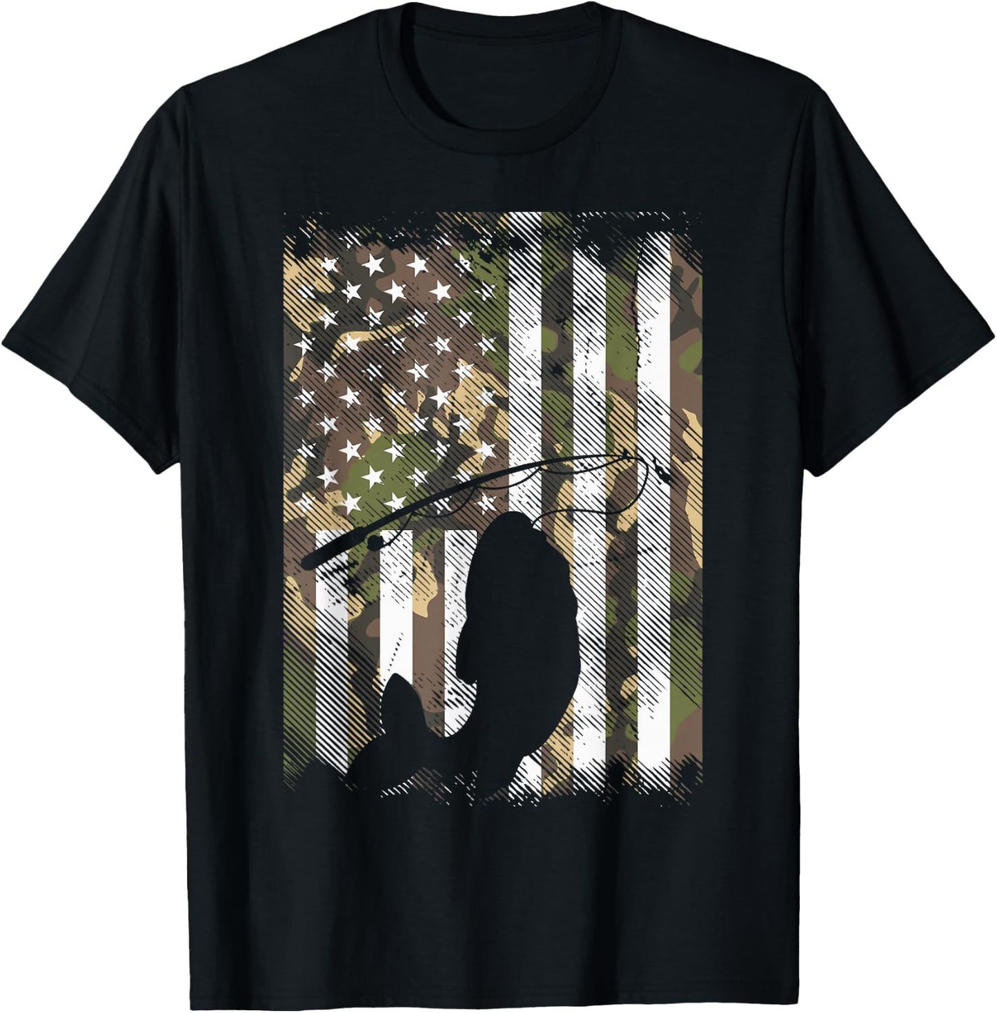 Camo American Flag Fish Fishing Patriotic Fisherman Gift T-Shirt - T-Shirt | Black