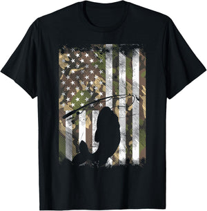 Camo American Flag Fish Fishing Patriotic Fisherman Gift T-Shirt - T-Shirt | Black