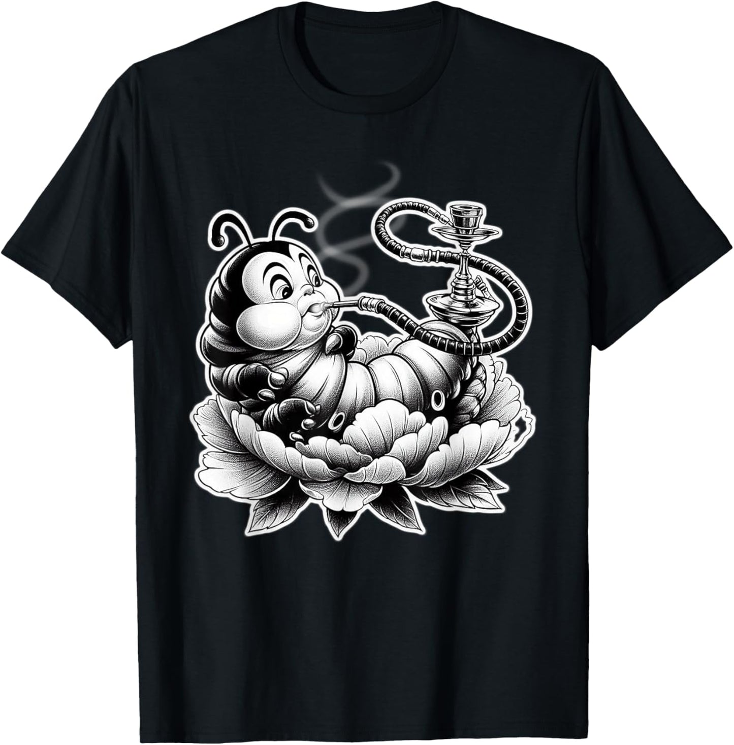 Caterpillar Smoking Hookah on Flower Blackwork T-Shirt - T-Shirt | Black