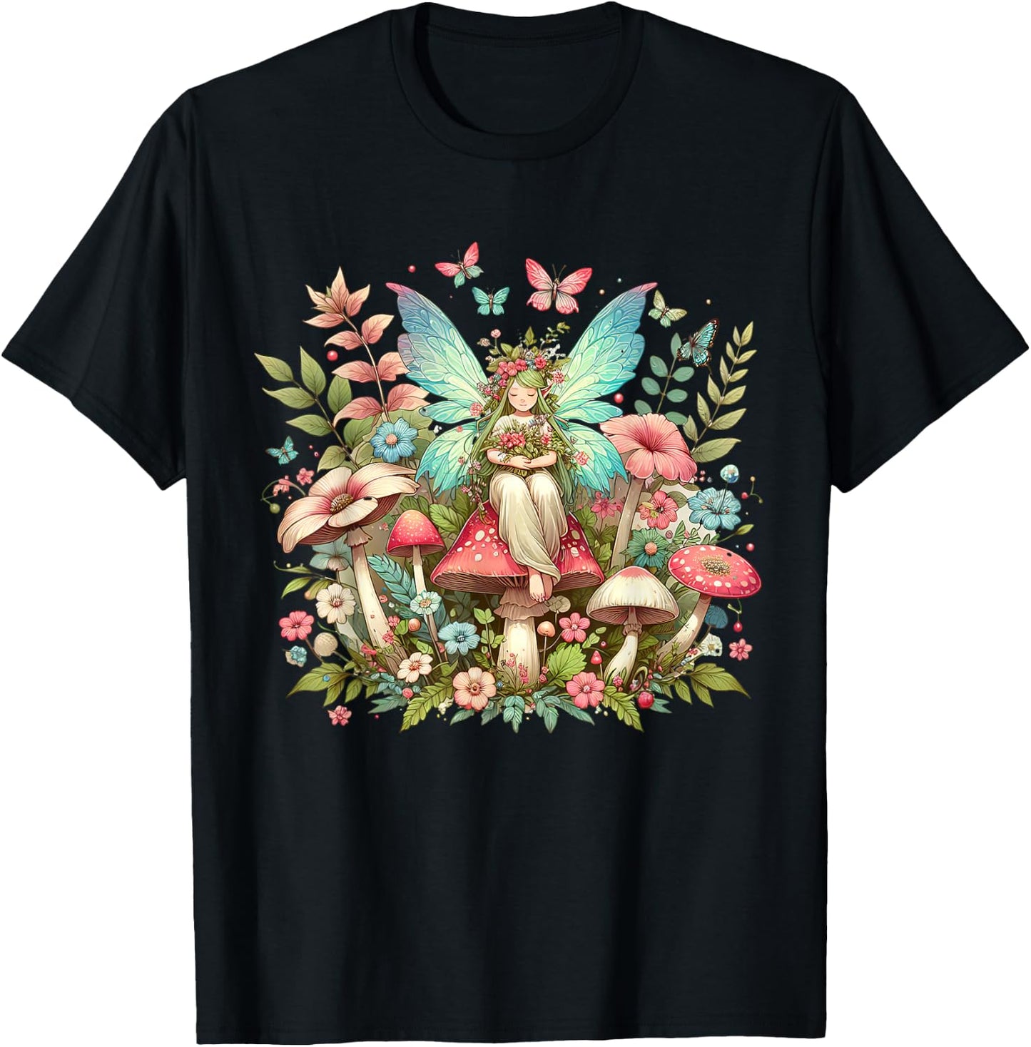 Enchanted Forest Fairy Fantasy Mystical Butterfly & Floral T-Shirt - T-Shirt | Black
