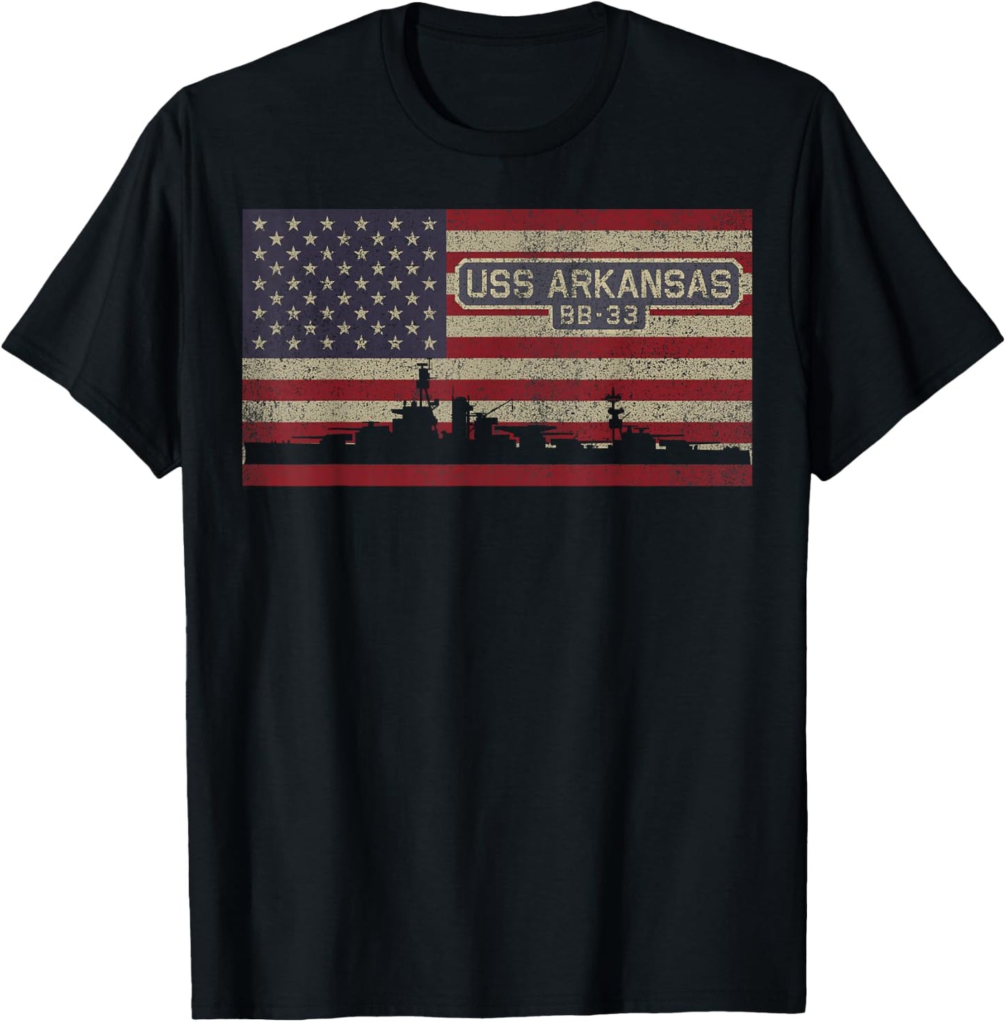 USS Arkansas BB-33 WW1 WW2 Battleship USA American Flag T-Shirt - T-Shirt | Black