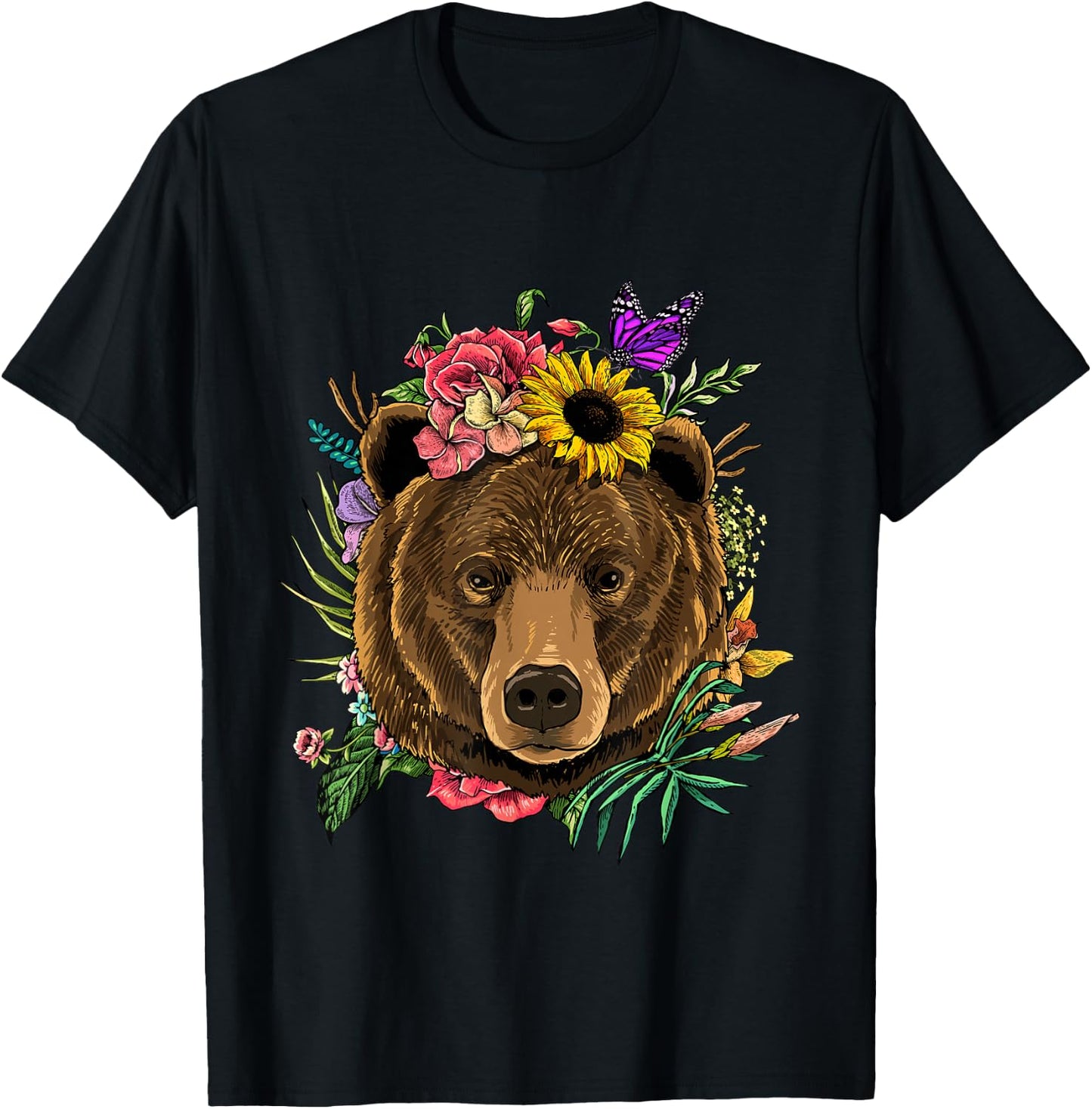 Bear Shirt Nature Floral Grizzly Bear Face Animal Bear Lover T-Shirt - T-Shirt | Black