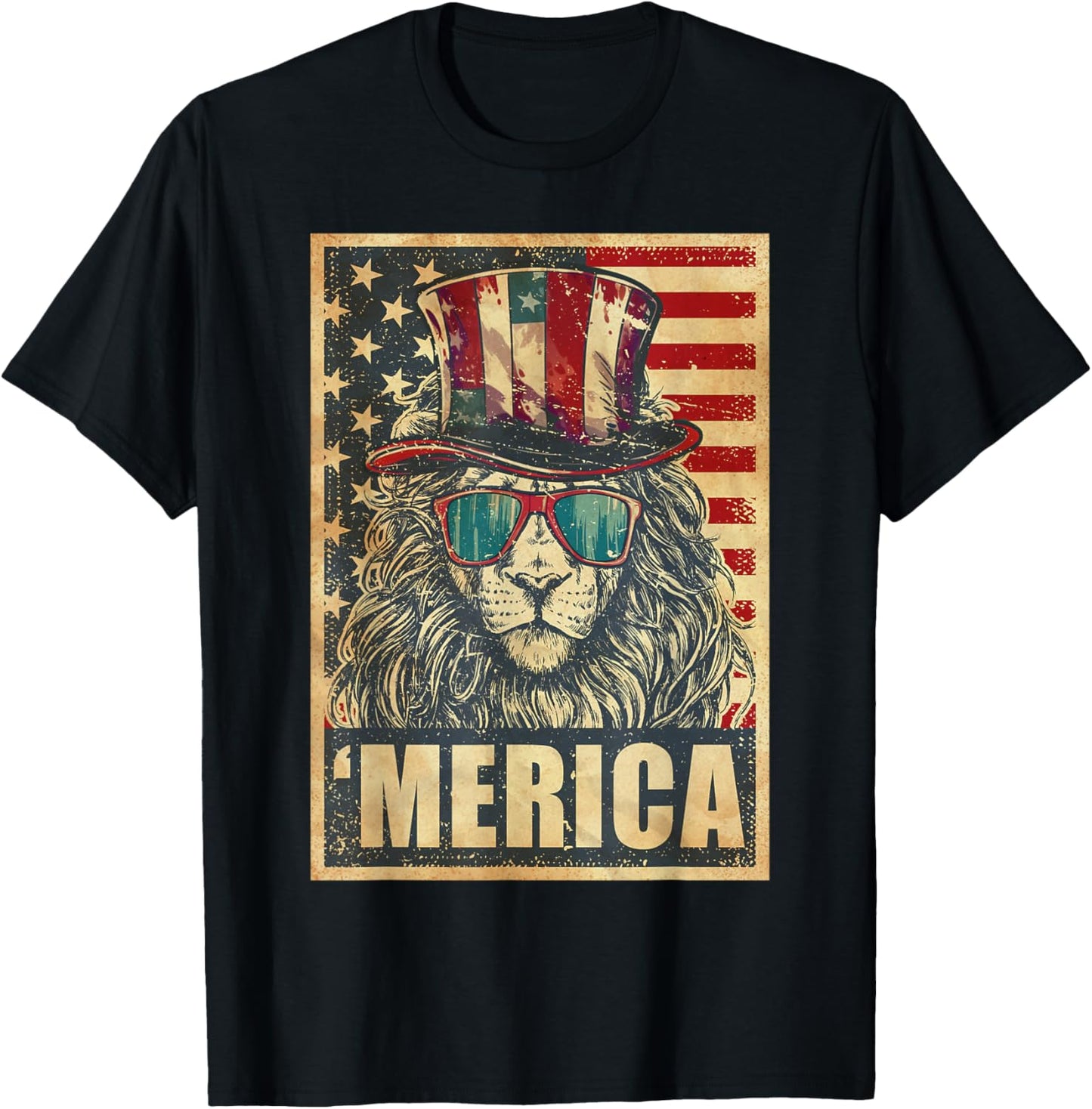 Lion Merica Vintage American Flag 4th Of July T-Shirt - T-Shirt | Black