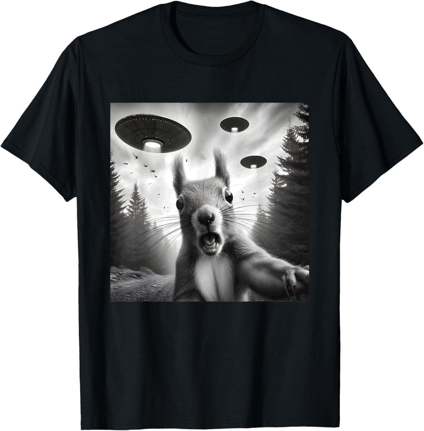 Squirrel Sci-Fi Funny Graphic Selfie with UFOs Weird Aliens T-Shirt - T-Shirt | Black
