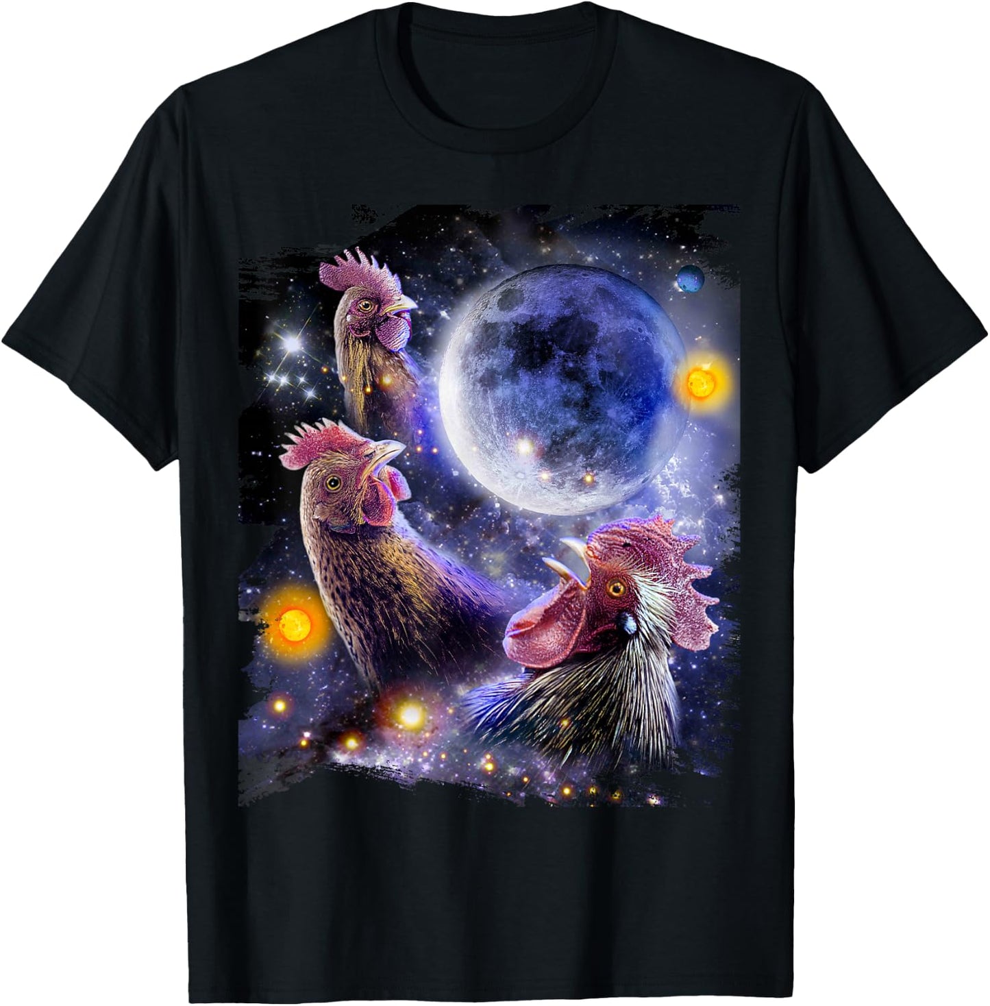 3 Three Chicken Moon, Cosmic Wolf Chickens Howling T-Shirt - T-Shirt | Black