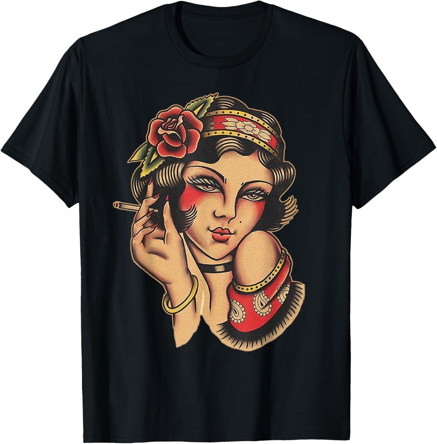 Pin-up Girl Traditional Tattoo Flash T-Shirt - T-Shirt | Black