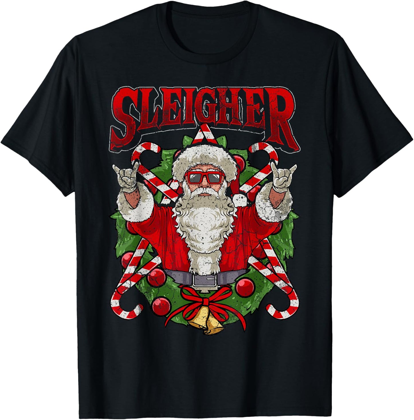 Sleigher Christmas Santa Claus Rock Metal Music Men Dad Teen T-Shirt - T-Shirt | Black