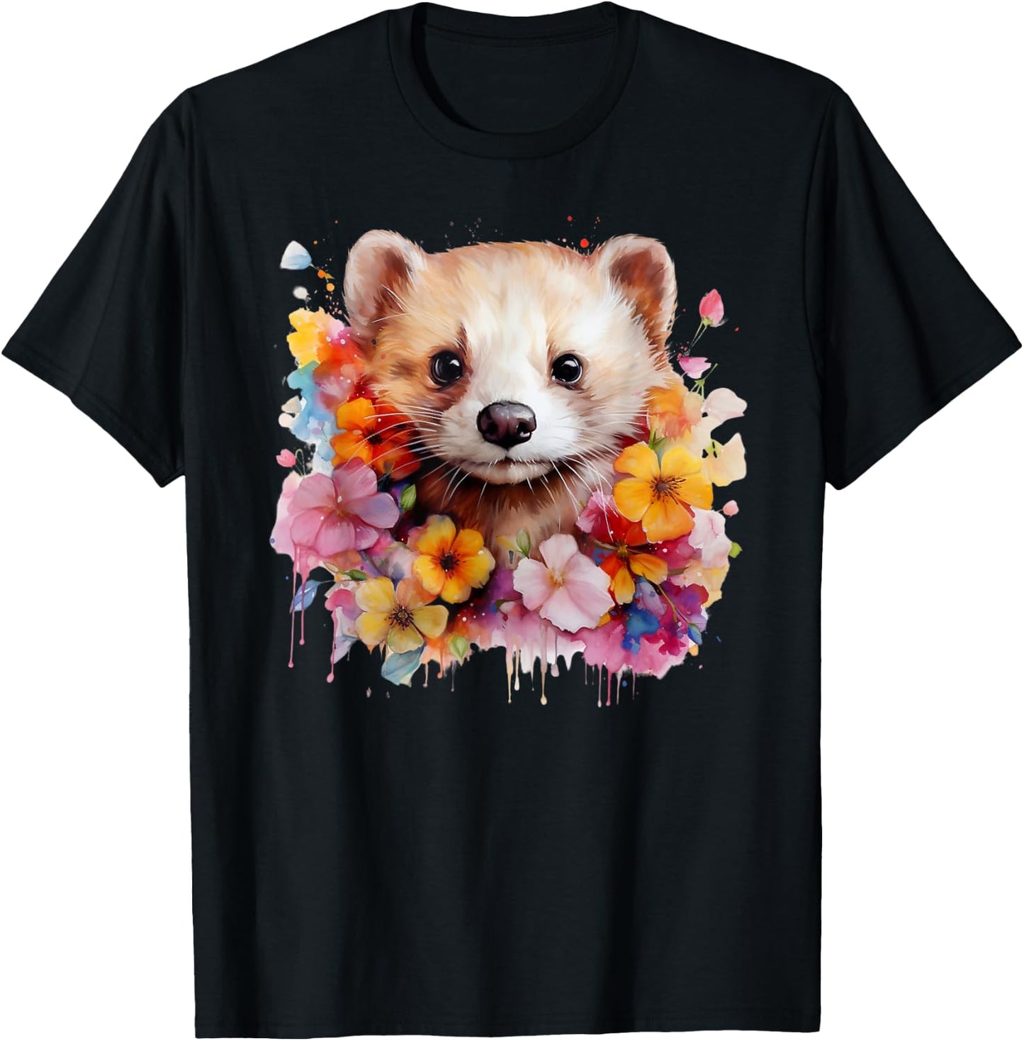 Pet Ferret Nature Portrait Artistic Watercolor Ferret Mom T-Shirt - T-Shirt | Black