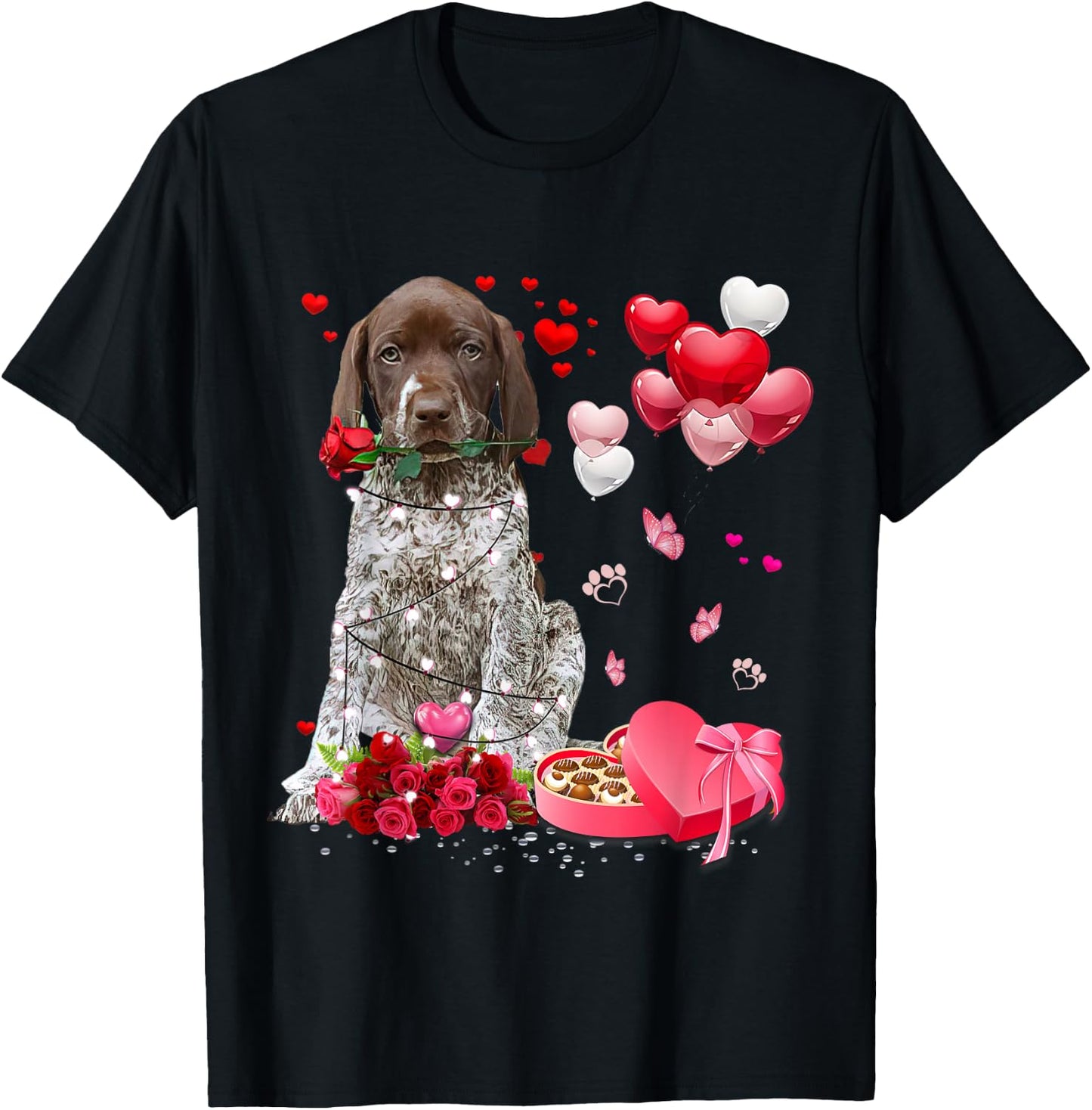 Funny German Shorthaired Pointer Rose Heart Happy Valentine T-Shirt - T-Shirt | Black