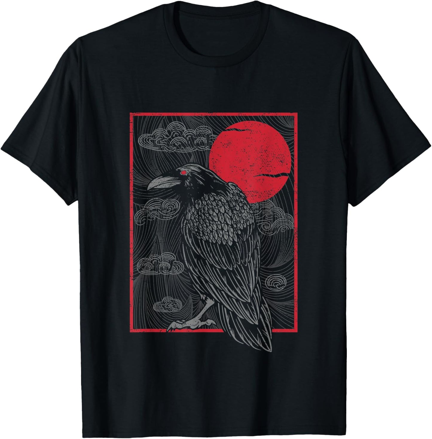 Japanese Red Moon Raven Gothic Style Black Crow Graphic T-Shirt - T-Shirt | Black