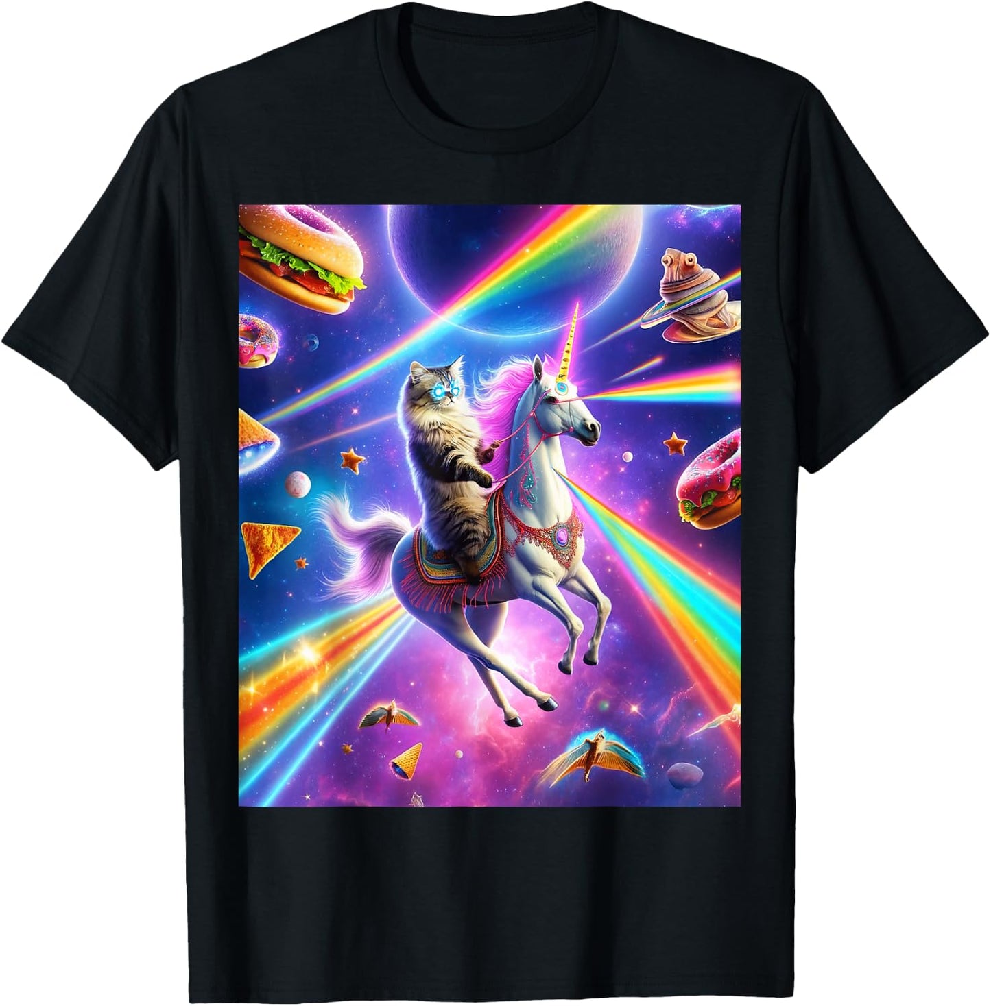 Laser Eyes Outer Space Cat Riding Llama Unicorn Ufo Tacos Men Women T-Shirt - T-Shirt | Black
