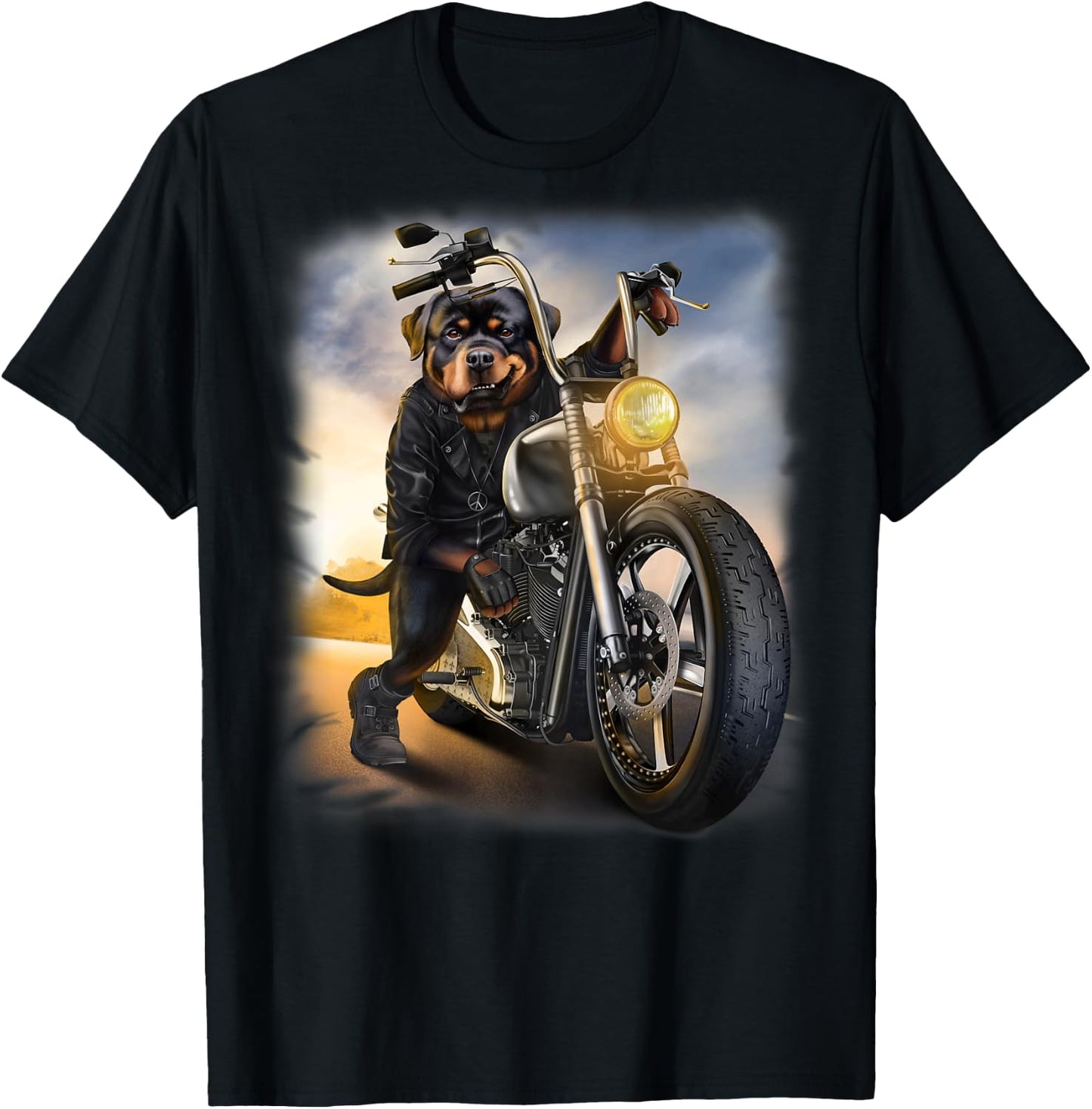 Rottweiler Dog Biker Riding Motorcycle at Sunset T-Shirt - T-Shirt | Black