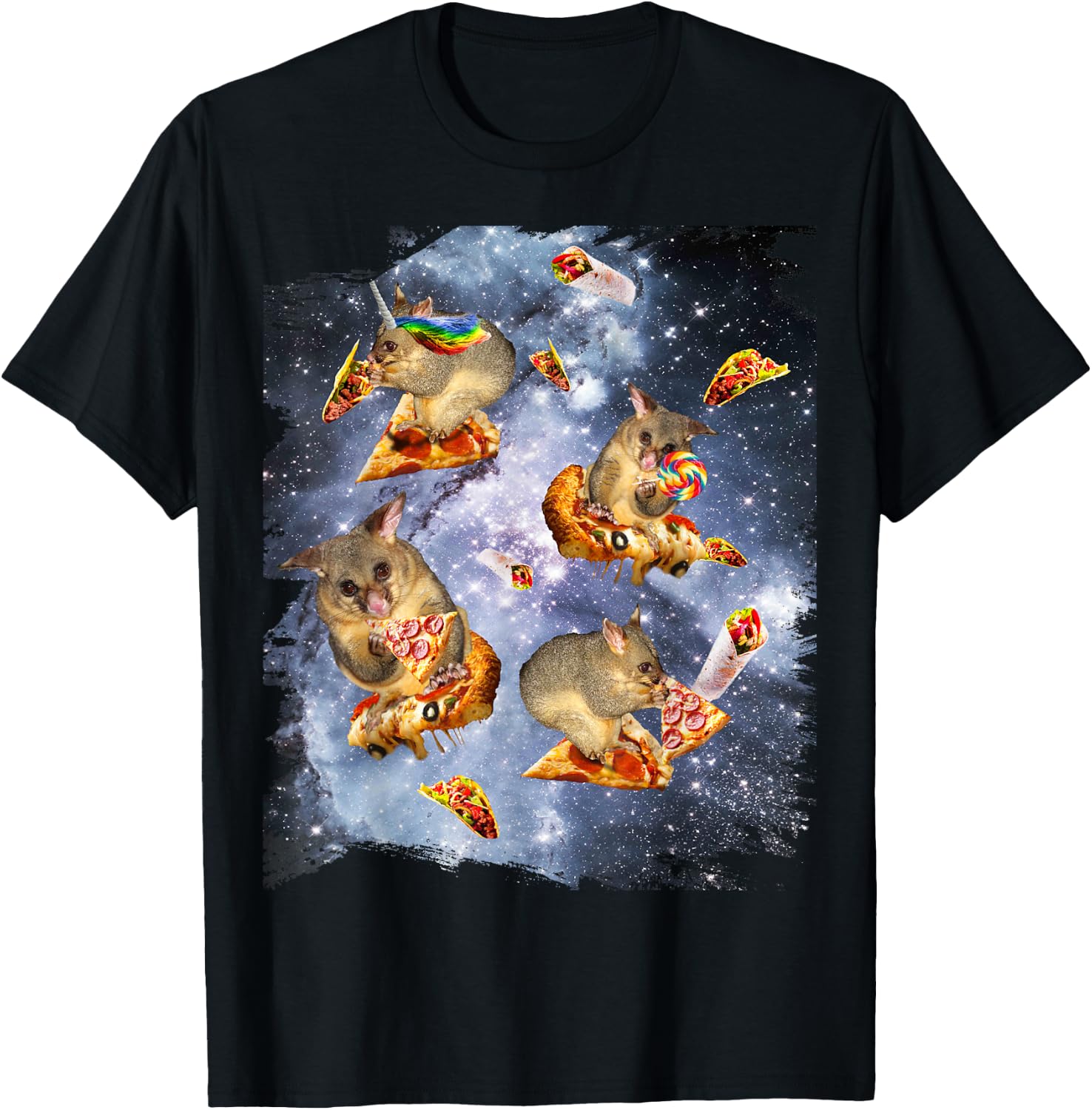 Space Possum On Pizza Taco, Galaxy Opossum Funny T-Shirt - T-Shirt | Black