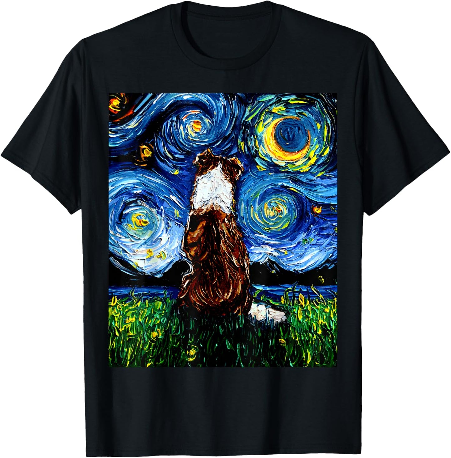 Red Border Collie Starry Night Dog Artwork T-Shirt - T-Shirt | Black
