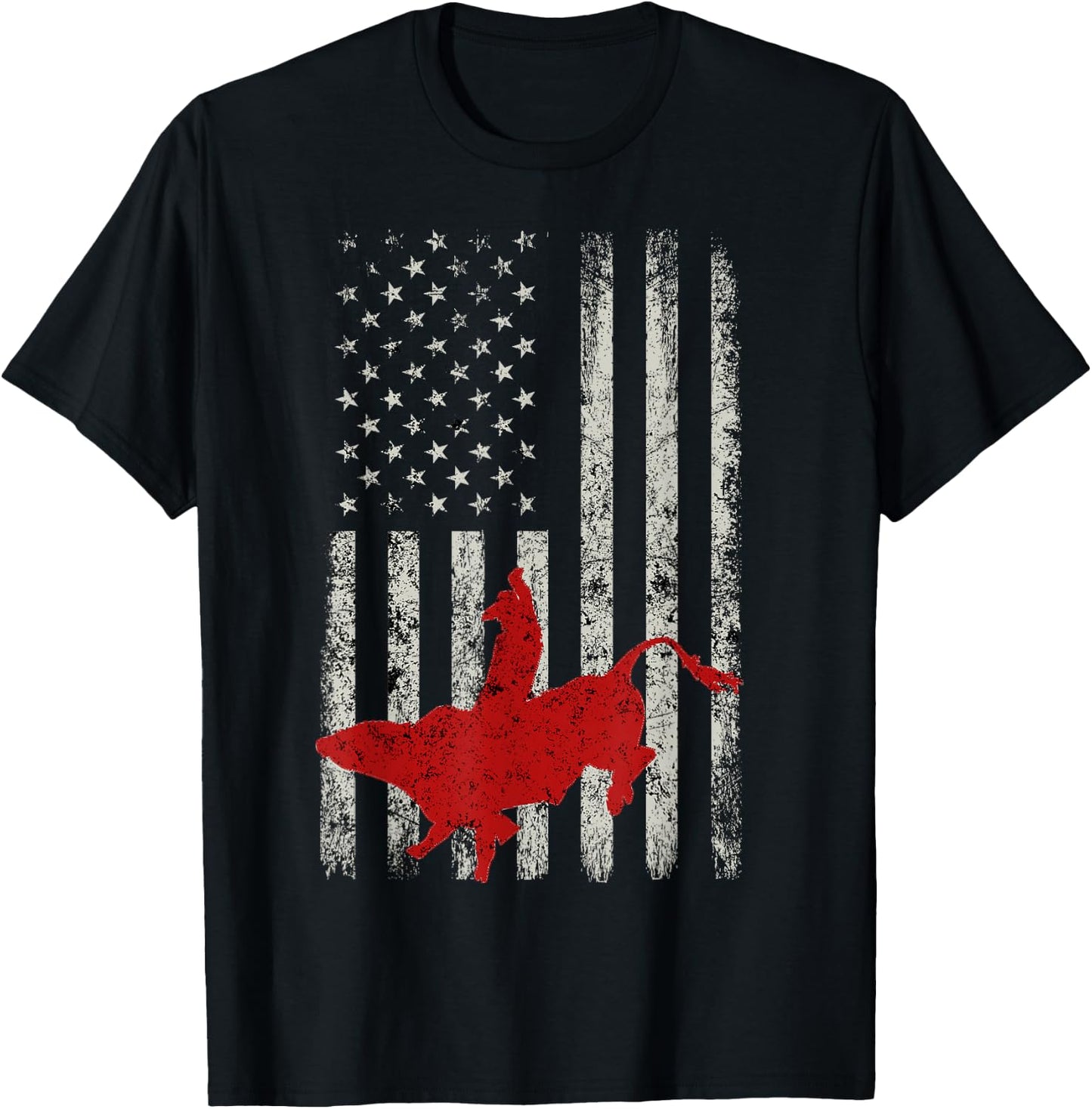 American Flag Bull Riding Cowboy Gift Rodeo T-Shirt - T-Shirt | Black