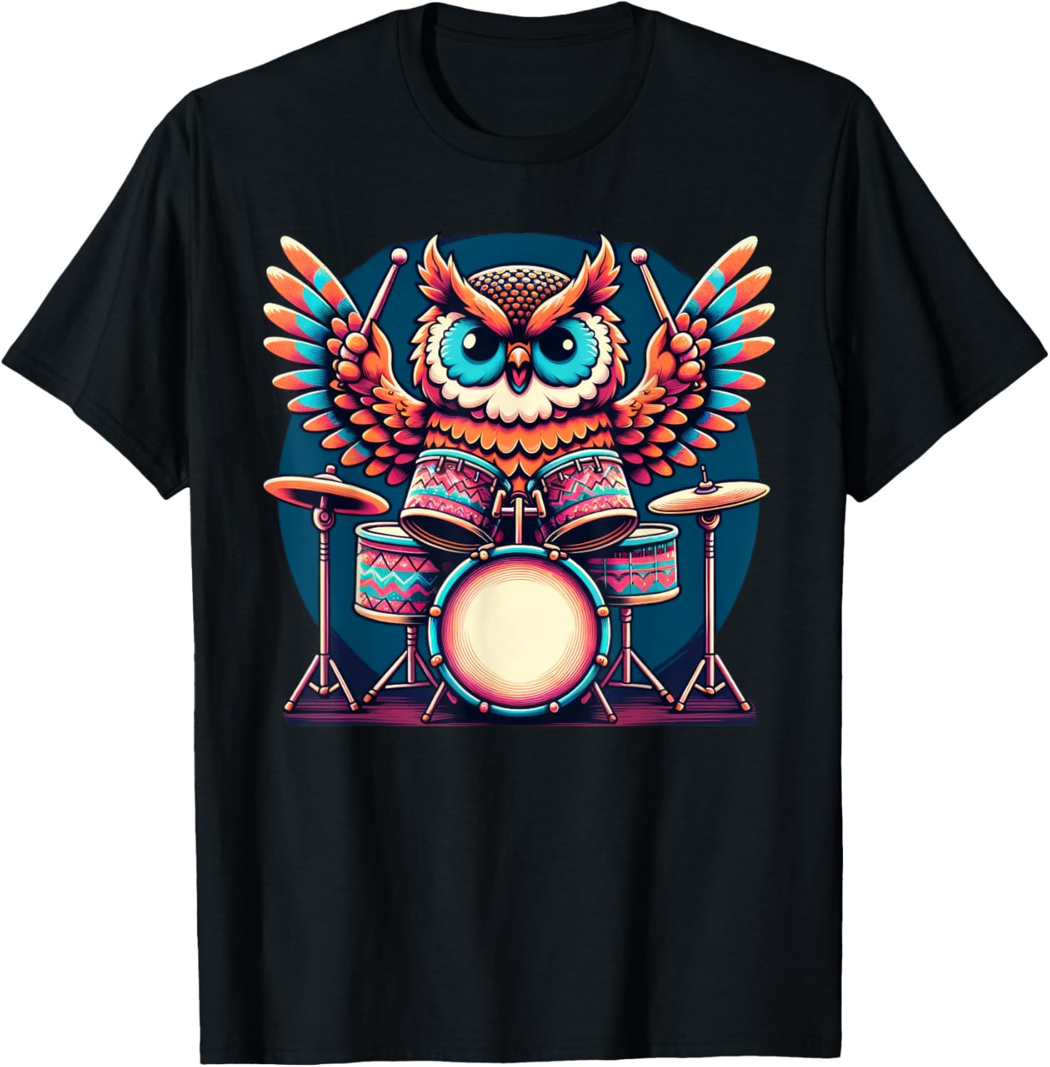 Cute Owl Playing Drums Owls Drummer Music T-Shirt - T-Shirt | Black