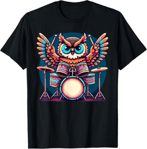 Cute Owl Playing Drums Owls Drummer Music T-Shirt - T-Shirt | Black