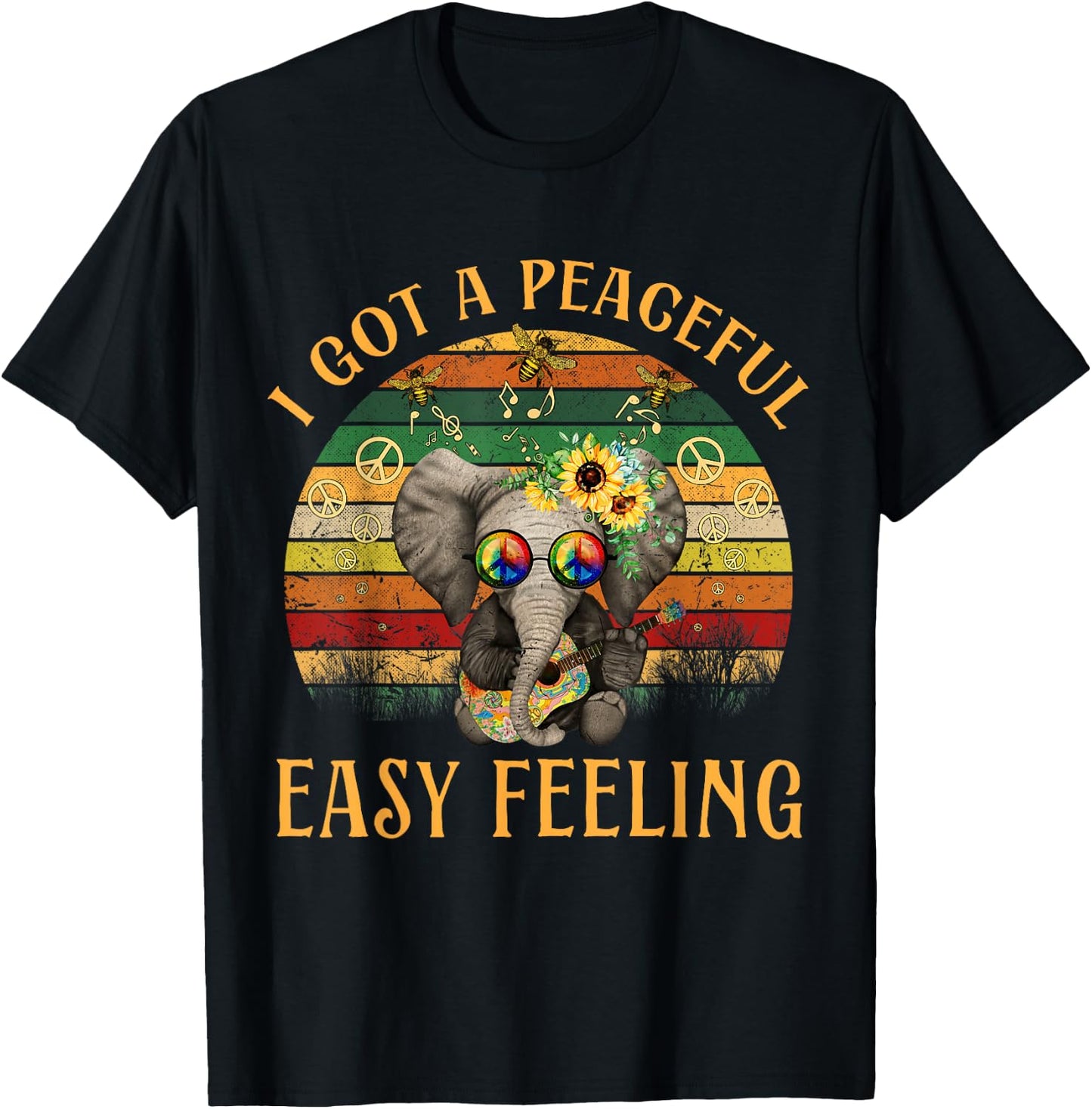 Hippie Peace I Got A Easy Peaceful Feeling Elephant Guitar T-Shirt - T-Shirt | Black