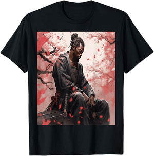 Black Samurai African Yasuke Meditating Under Cherry Blossom T-Shirt - T-Shirt | Black