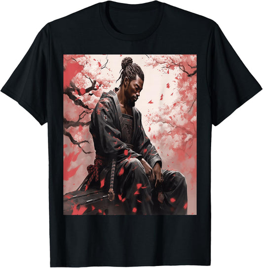 Black Samurai African Yasuke Meditating Under Cherry Blossom T-Shirt - T-Shirt | Black