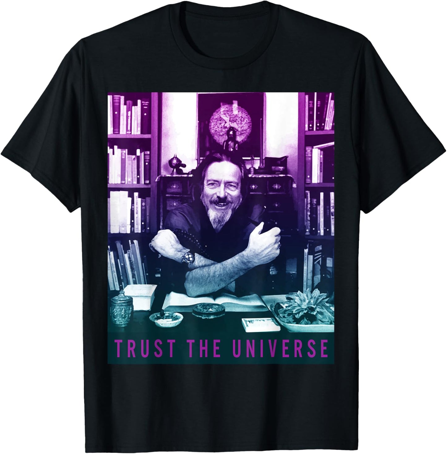 Quotes and Sayings Famous Philosophers Alan Watts Gradient Photo Trust The Universe Adults Men's Casual Yoga Black Small T-Shirt - T-Shirt | Black
