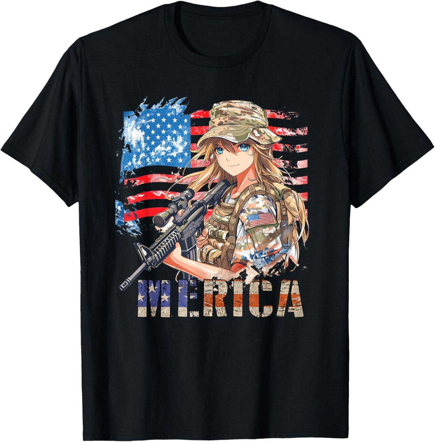 4th Of July Military Anime Girl Patriotic Kid Women US Flag T-Shirt - T-Shirt | Black