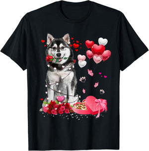 Funny Husky Rose Heart Happy Valentine Day Dog Mom T-Shirt - T-Shirt | Black