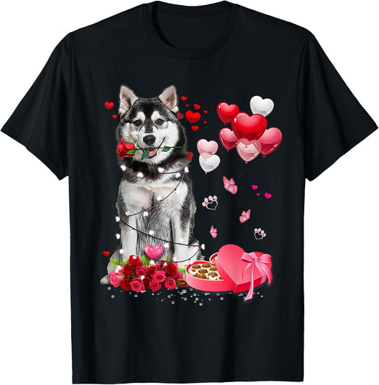 Funny Husky Rose Heart Happy Valentine Day Dog Mom T-Shirt - T-Shirt | Black
