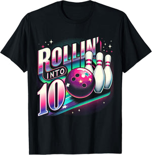 Bowling Birthday Rollin into 10 Party 10th Bday Retro Girl T-Shirt - T-Shirt | Black
