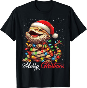Bearded Dragon Merry Christmas Lights Santa Hat Xmas Snow T-Shirt - T-Shirt | Black