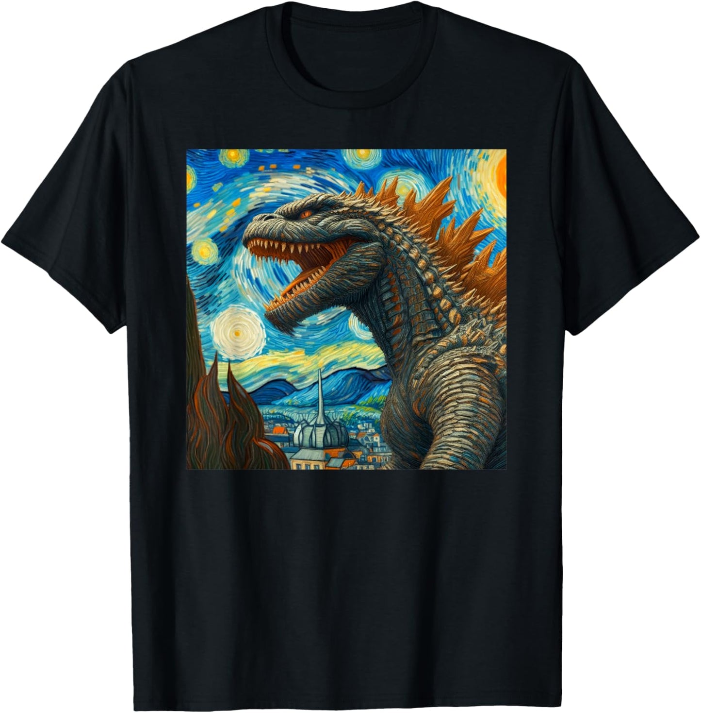 Vintage Japanese Monster Kaiju Van Gogh Starry Night T-Shirt - T-Shirt | Black
