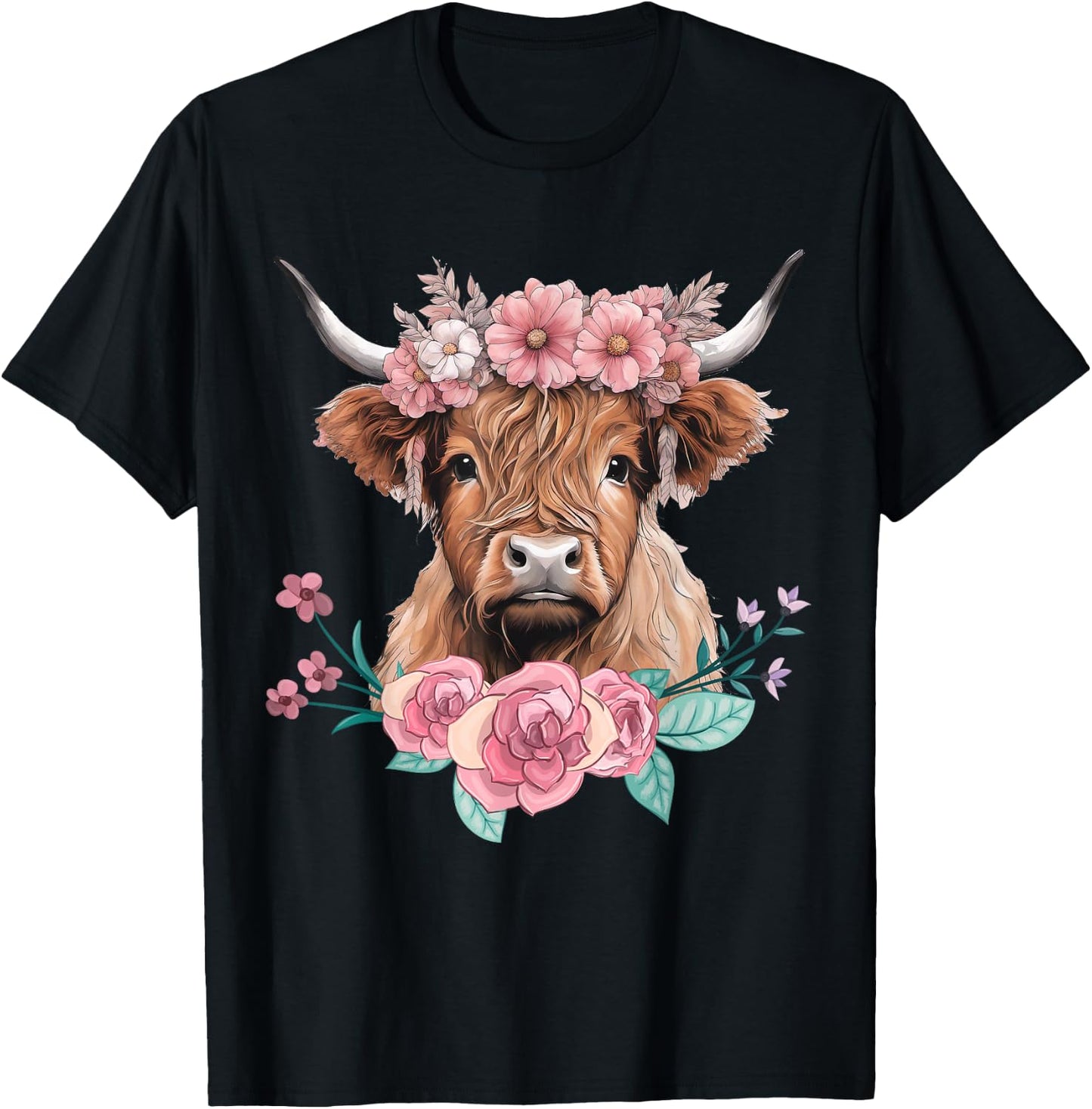 Cute Baby Highland Cow With flowers Calf Animal cow women T-Shirt - T-Shirt | Black