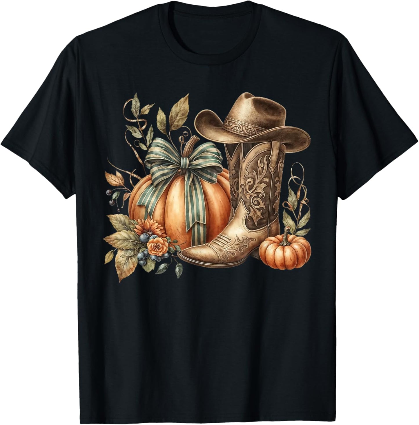 Howdy Pumpkin Fall Coquette Bow Western Boots T-Shirt - T-Shirt | Black