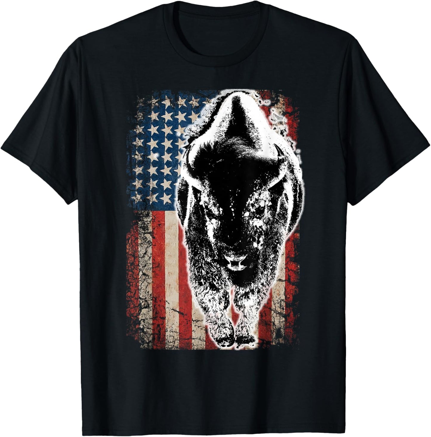 Vintage Buffalo American Flag Bison T-Shirt - T-Shirt | Black